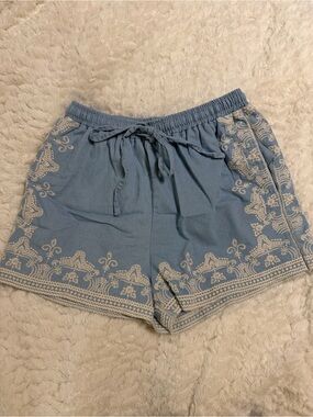 New In brand Blue Embroidered Boho Drawstring Shorts | Size S/M | Pockets